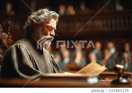 Judge reads sentence to defendants in courtroom during legal proceedings 131801174