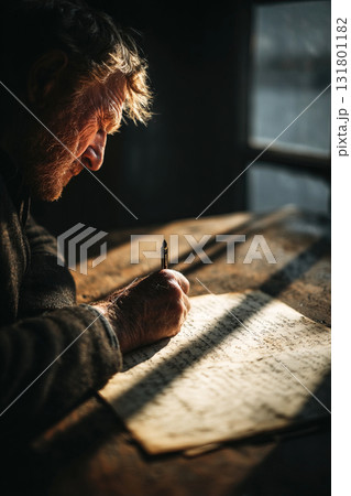 Writer creating a manuscript at a wooden table while illuminated by a lamp and natural light 131801182