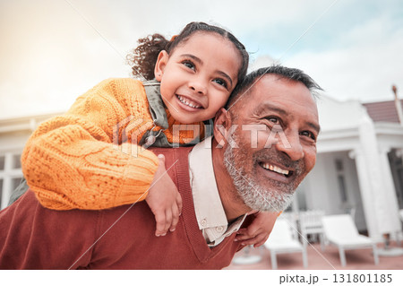 Smile, piggy back and grandfather with child in yard of house, happiness and security at family home. Relax, happy old man and girl bonding in backyard together with love and outdoor fun on weekend. Smile, piggy back and grandfather with child in yard of house, happiness and security at family home. Relax, happy old man and girl bonding in backyard together with love and outdoor fun on weekend. 131801185