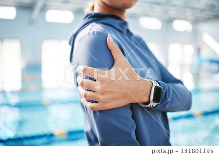 Woman, shoulder pain or closeup of swimmer with injury after exercise, training or workout accident. Hands, sports athlete or injured person with tendinitis, muscle or broken bone in practice by pool 131801195