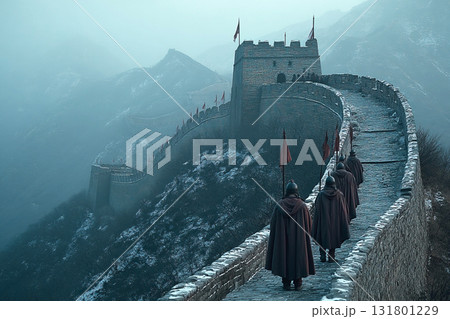 Soldiers patrol ancient Great Wall of China during fierce winter conditions 131801229