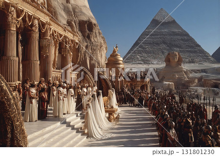 Cleopatra reclaims her throne surrounded by warriors with pyramids and Sphinx in the backdrop 131801230