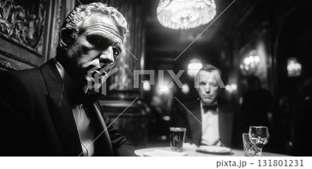 Mafia figures in a tense conversation in a vintage Italian restaurant setting 131801231