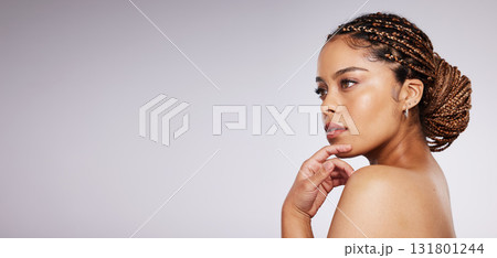 Beauty, face and black woman with skincare, cosmetic care and skin glow with wellness on studio background. Natural cosmetics, hand and makeup with beautiful female, mockup space and dermatology Beauty, face and black woman with skincare, cosmetic care and skin glow with wellness on studio background. Natural cosmetics, hand and makeup with beautiful female, mockup space and dermatology 131801244