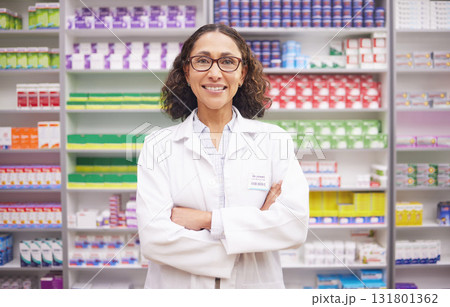 Pharmacy, medical stock and portrait of a woman pharmacist ready for work. Pharmaceutical store, retail inventory and healthcare drug medication with a happy employee feeling proud of dispensary 131801362