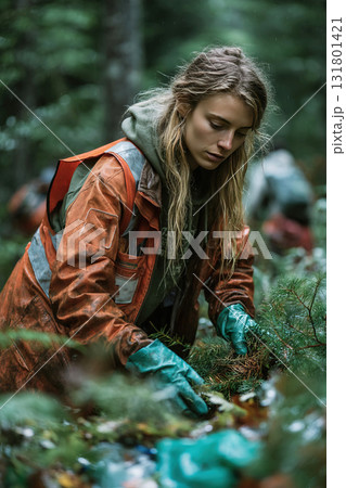 Volunteer engages in nature cleanup while working to restore the environment and remove trash Volunteer engages in nature cleanup while working to restore the environment and remove trash 131801421