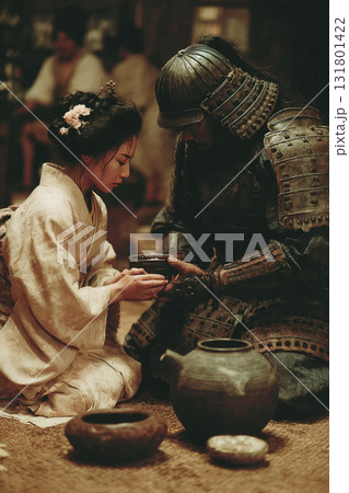 Geisha serves tea to samurai in traditional Japanese setting with historical significance Geisha serves tea to samurai in traditional Japanese setting with historical significance 131801422