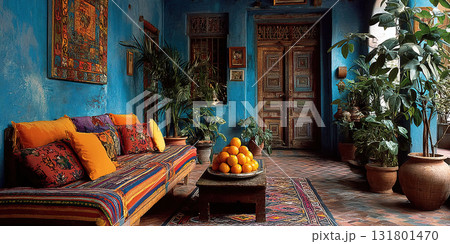 Colorful Indian interior style with cozy seating and vibrant decor in a sunny space Colorful Indian interior style with cozy seating and vibrant decor in a sunny space 131801470