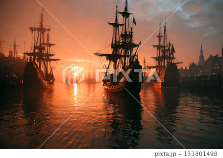 Historic naval battle at Medway port featuring ships under a dramatic sunset sky 131801498