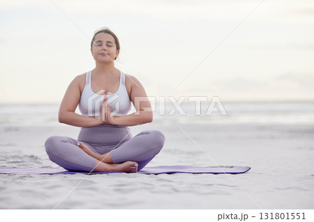 Yoga meditation zen, beach and woman meditate for spiritual mental health, chakra energy balance or soul healing. Nature mockup, freedom peace and plus size girl with mindfulness, mindset or wellness 131801551