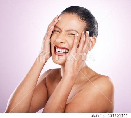 Happy woman, skincare and laugh in studio with smile for beauty, makeup or wellness by pink background. Senior model, cosmetic and comic laughing with pride, self care and natural glow on facial skin 131801592