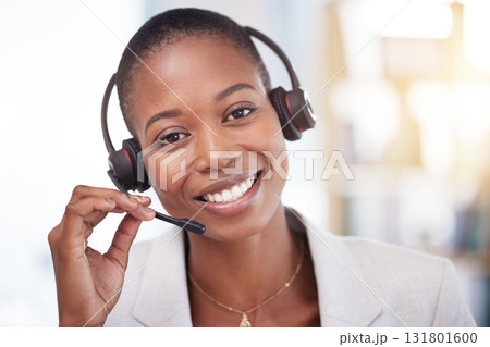 Customer service consultant, face portrait and happy woman telemarketing on contact us CRM or telecom. Call center communication, African ecommerce and information technology consulting on microphone 131801600