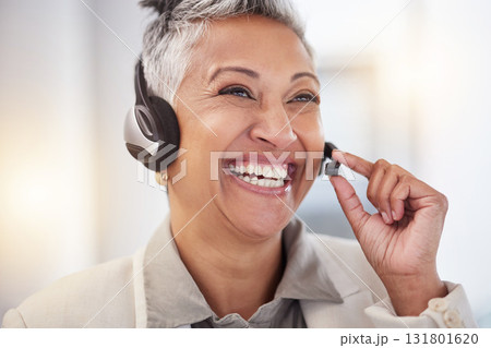 Call center consulting, face and senior woman telemarketing on contact us CRM or telecom. Happy customer service, ecommerce communication and information technology consultant talking on microphone 131801620