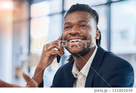 Communication, connection and black man thinking on a phone call for contact and networking. Planning, conversation and African businessman speaking on a mobile for a discussion in the office Communication, connection and black man thinking on a phone call for contact and networking. Planning, conversation and African businessman speaking on a mobile for a discussion in the office 131801630
