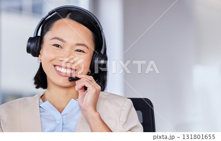 CRM, customer service or Asian woman and mockup for callcenter support, consulting or networking in office. Manager face, smile or sales advisor on tech for telemarketing, research or contact us help 131801655