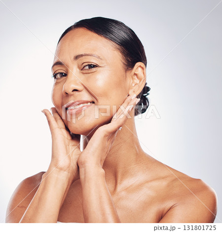 Senior woman in portrait, beauty and antiaging skincare, natural cosmetics and face isolated on studio background. Happy female, cosmetic care for aging skin and smile with dermatology and hygiene Senior woman in portrait, beauty and antiaging skincare, natural cosmetics and face isolated on studio background. Happy female, cosmetic care for aging skin and smile with dermatology and hygiene 131801725