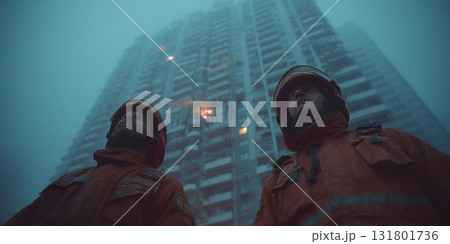 Fire brigade crew works to extinguish blaze in multi story building during rescue operation 131801736