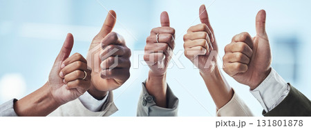 Hands, people and thumbs up for thank you, good job or success in collaboration, agreement or goals. Hand of group showing thumb emoji for winning, yes or support in trust, teamwork or solidarity 131801878