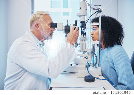 Eye exam, consulting and laser with doctor and black woman for healthcare, ophthalmology and medical. Glaucoma, lens and wellness with patient and optometrist in clinic for vision, checklist and help Eye exam, consulting and laser with doctor and black woman for healthcare, ophthalmology and medical. Glaucoma, lens and wellness with patient and optometrist in clinic for vision, checklist and help 131801949