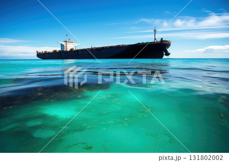 Tanker in accident pollutes nature with oil spill, ecological disaster, leaking ship holes, aerial view from drone. 131802002