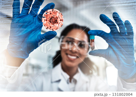Science, blood test and scientist doing research on dna for medical innovation, vaccine or cure in lab. Scientific, pharmaceutical and woman pathology researcher analyzing rna and virus in laboratory 131802004