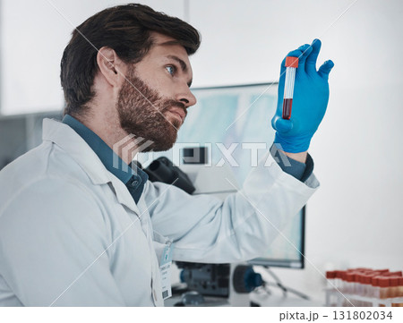 Science, dna and sample with a doctor man at work in a laboratory for analysis or research. Medical, innovation and blood with a male scientist working in a lab for development or breakthrough 131802034