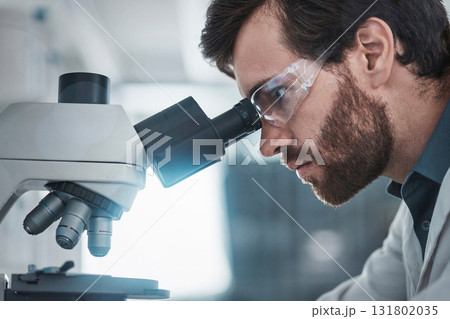 Biotechnology, microscope and focus of scientist checking research data from particles study. Chemistry lab, studying and man working on medical and healthcare innovation with health analytics Biotechnology, microscope and focus of scientist checking research data from particles study. Chemistry lab, studying and man working on medical and healthcare innovation with health analytics 131802035