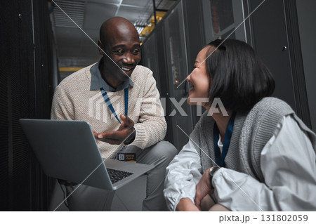 Laptop, server room or technician people for teamwork, problem solving or database management system upgrade. Cybersecurity, data center or engineer employees for information technology or programmer 131802059