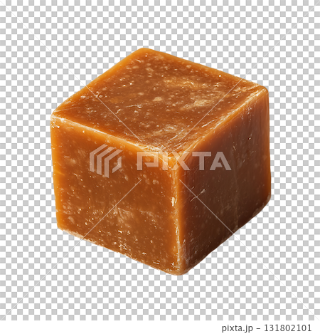 Brown sugar block cube, showing textured surface details, casting subtle shadow on transparent background 131802101