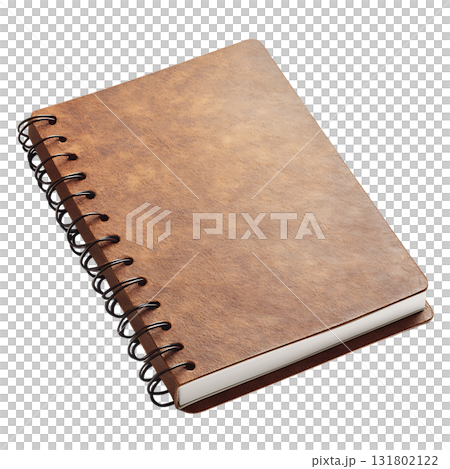 Close up displays a hardcover spiral bound notebook with lined paper on transparent background 131802122
