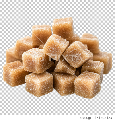 Close up displays a pile of brown cane sugar cubes on transparent background Close up displays a pile of brown cane sugar cubes on transparent background 131802123