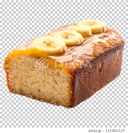 Close up shows a banana loaf cake glazed and decorated on transparent background Close up shows a banana loaf cake glazed and decorated on transparent background 131802125