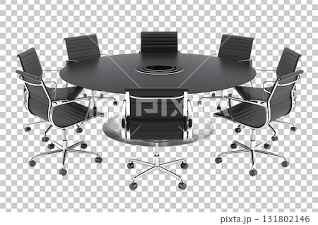 Conference Room Setup with Round Black Table and Rolling Chrome Chairs 131802146