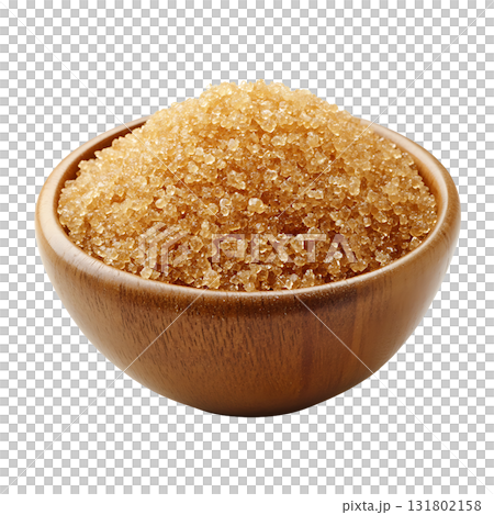 Dark brown sugar is piled inside a rustic wooden bowl on transparent background 131802158