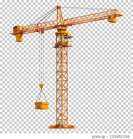Detailed yellow tower crane is lifting cargo at a construction site on transparent background 131802186