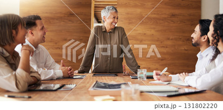 Senior woman, laughing or business people in meeting speaking, planning or sharing funny joke together. Group collaboration, diversity or happy designers with manager talking about ideas or strategy Senior woman, laughing or business people in meeting speaking, planning or sharing funny joke together. Group collaboration, diversity or happy designers with manager talking about ideas or strategy 131802220