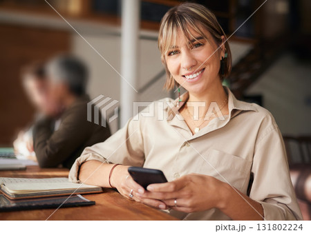 Portrait, business and woman with smartphone, typing and smile with connection, chatting and social media. Face, female or consultant with cellphone, mobile app or communication with device in office Portrait, business and woman with smartphone, typing and smile with connection, chatting and social media. Face, female or consultant with cellphone, mobile app or communication with device in office 131802224