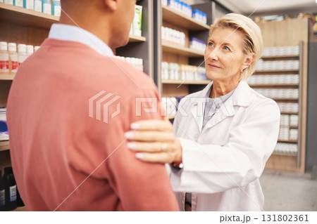 Man shopping, support or pharmacist in pharmacy for retail healthcare information with empathy or care. Trust, woman or senior doctor helping customer with medication advice or medical store drugs 131802361