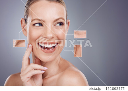 Woman, face and closeup of wrinkles, texture or anti aging facial treatment against a gray studio background. Female with smile for skincare zoom, icons or graphic in detail cosmetics or dermatology Woman, face and closeup of wrinkles, texture or anti aging facial treatment against a gray studio background. Female with smile for skincare zoom, icons or graphic in detail cosmetics or dermatology 131802375
