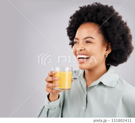 Thinking, mockup and orange juice with a laughing woman in studio on a gray background for health or vitamin c. Idea, drink and glass with a happy young female drinking a fresh beverage for nutrition Thinking, mockup and orange juice with a laughing woman in studio on a gray background for health or vitamin c. Idea, drink and glass with a happy young female drinking a fresh beverage for nutrition 131802411