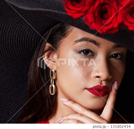 Beauty, rich Asian woman and face with makeup, red lipstick and roses, fashion in portrait with closeup. Skin, glow and cosmetic care with elegant manicure and nail polish with stylish female Beauty, rich Asian woman and face with makeup, red lipstick and roses, fashion in portrait with closeup. Skin, glow and cosmetic care with elegant manicure and nail polish with stylish female 131802434