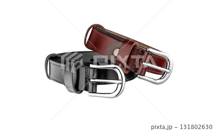 Black and Burgundy Leather Belts with Silver Buckles on White Background 131802630