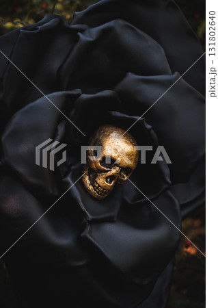 Golden Skull Inside Black Flower - Gothic Halloween Concept 131802640
