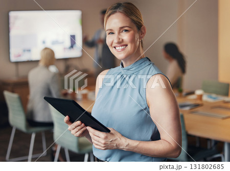 Business, portrait of woman CEO with tablet and happy team leader in office with vision and success. Leadership, smile and corporate industry, confident businesswoman in management at digital startup 131802685
