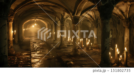 Scary endless medieval catacombs with torches Horror background, Happy Halloween - Ai Generated 131802735