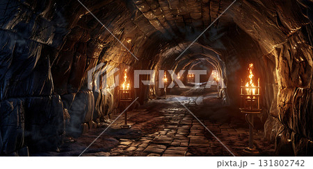 Scary endless medieval catacombs with torches Horror background, Happy Halloween - Ai Generated 131802742