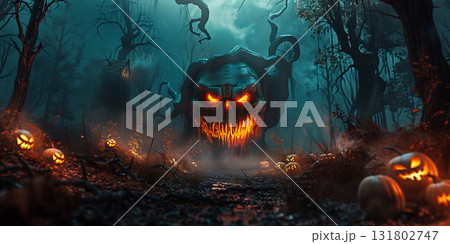 Scary Pumpkins out of Graveyard, Happy Halloween - Ai Generated 131802747