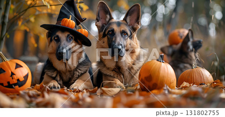 Shepherd dogs with hat Halloween background, Happy Halloween - Ai Generated Shepherd dogs with hat Halloween background, Happy Halloween - Ai Generated 131802755