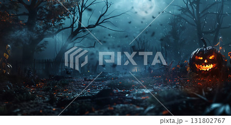 Scary Pumpkins out of Graveyard, Happy Halloween - Ai Generated 131802767