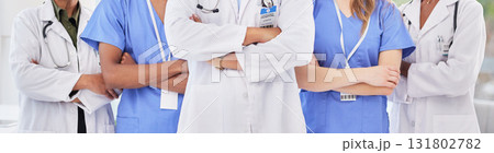 Arms crossed, teamwork and diversity healthcare in hospital for collaboration, support and wellness clinic. Closeup group of medical banner, doctors and nurses working with motivation, trust and help Arms crossed, teamwork and diversity healthcare in hospital for collaboration, support and wellness clinic. Closeup group of medical banner, doctors and nurses working with motivation, trust and help 131802782